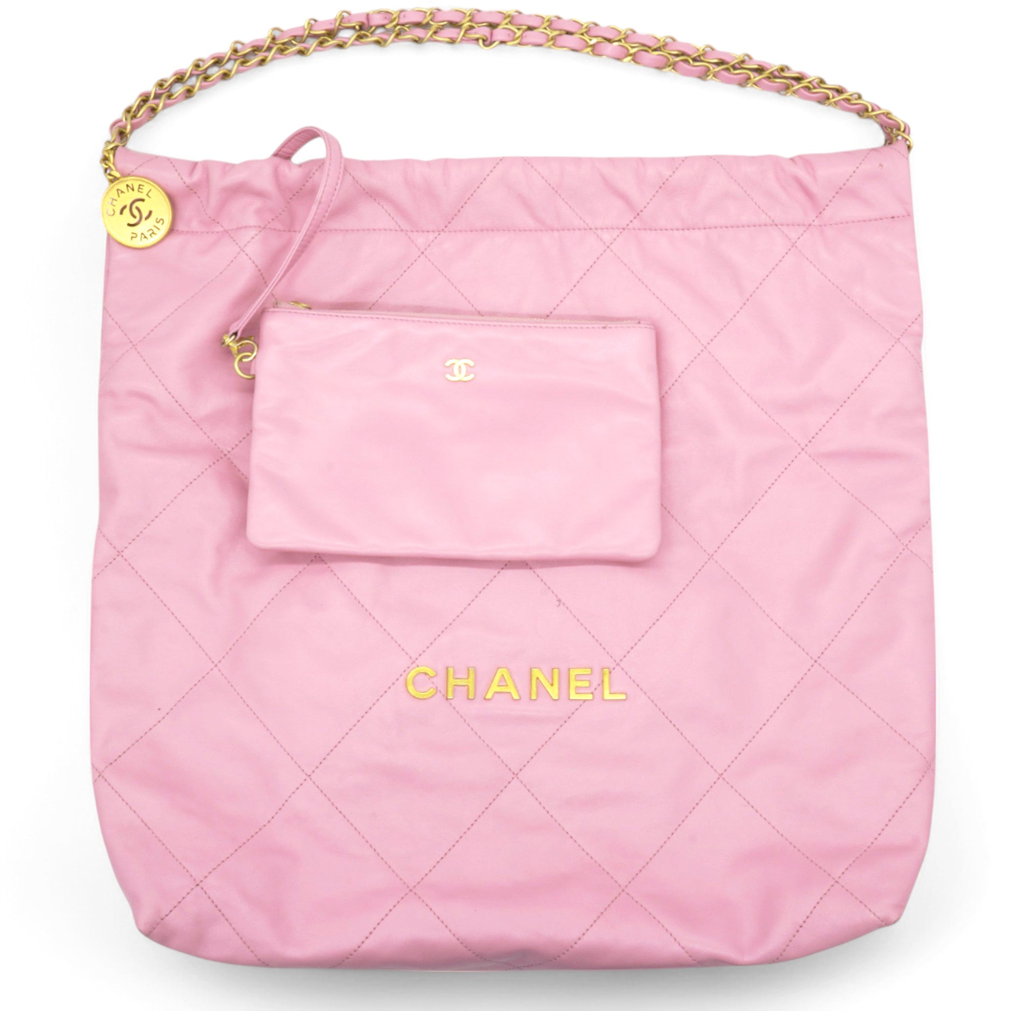 Chanel Shiny Quilted Chanel 22 Drawstring Bag Pink Large