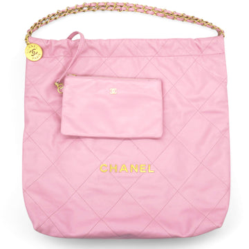 Chanel Shiny Quilted Chanel 22 Drawstring Bag Pink Large
