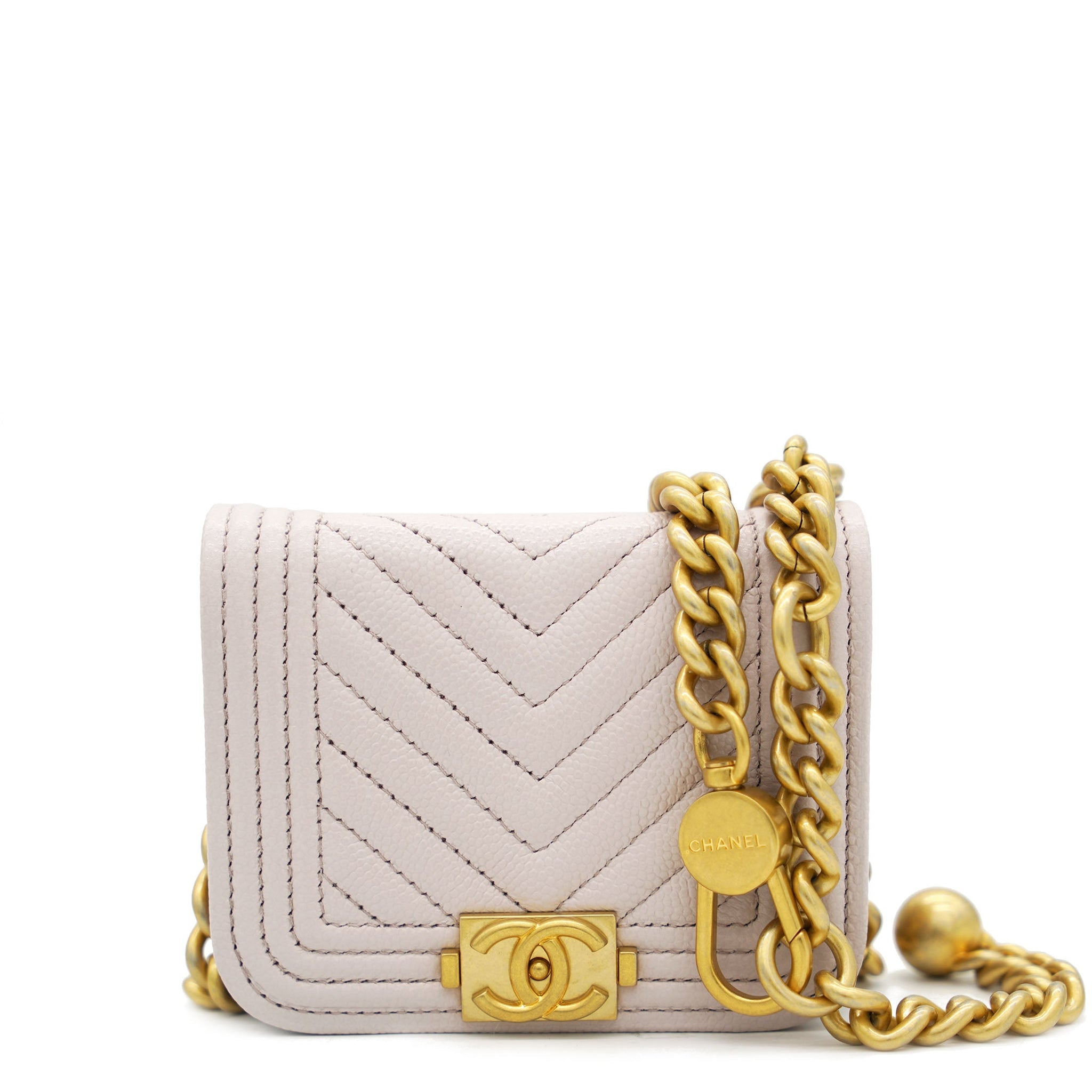 Chanel Pink Caviar Leather Boy Card Holder with Chain