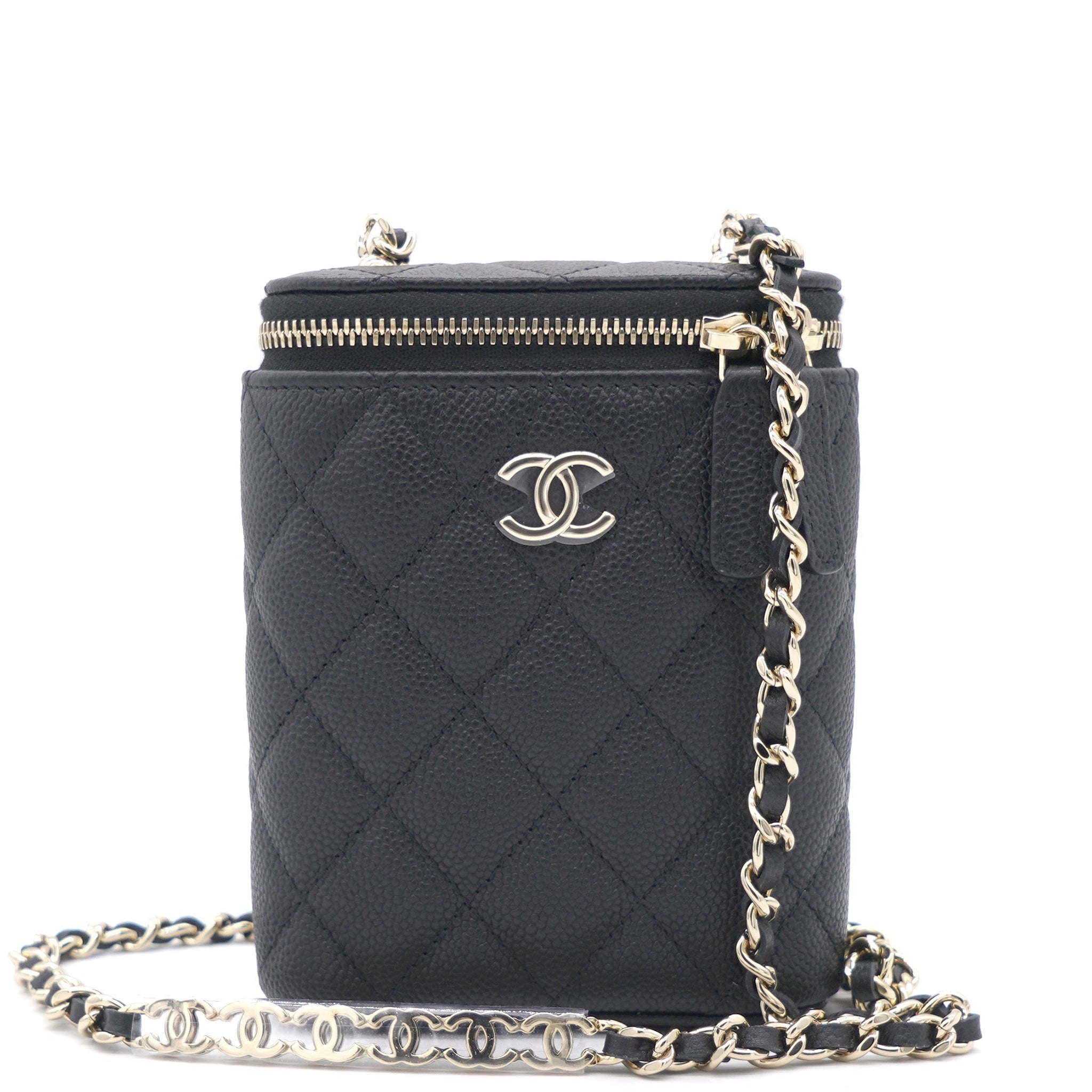 Chanel Caviar Quilted Small Vertical Coco Beauty Vanity Case With Chain Black