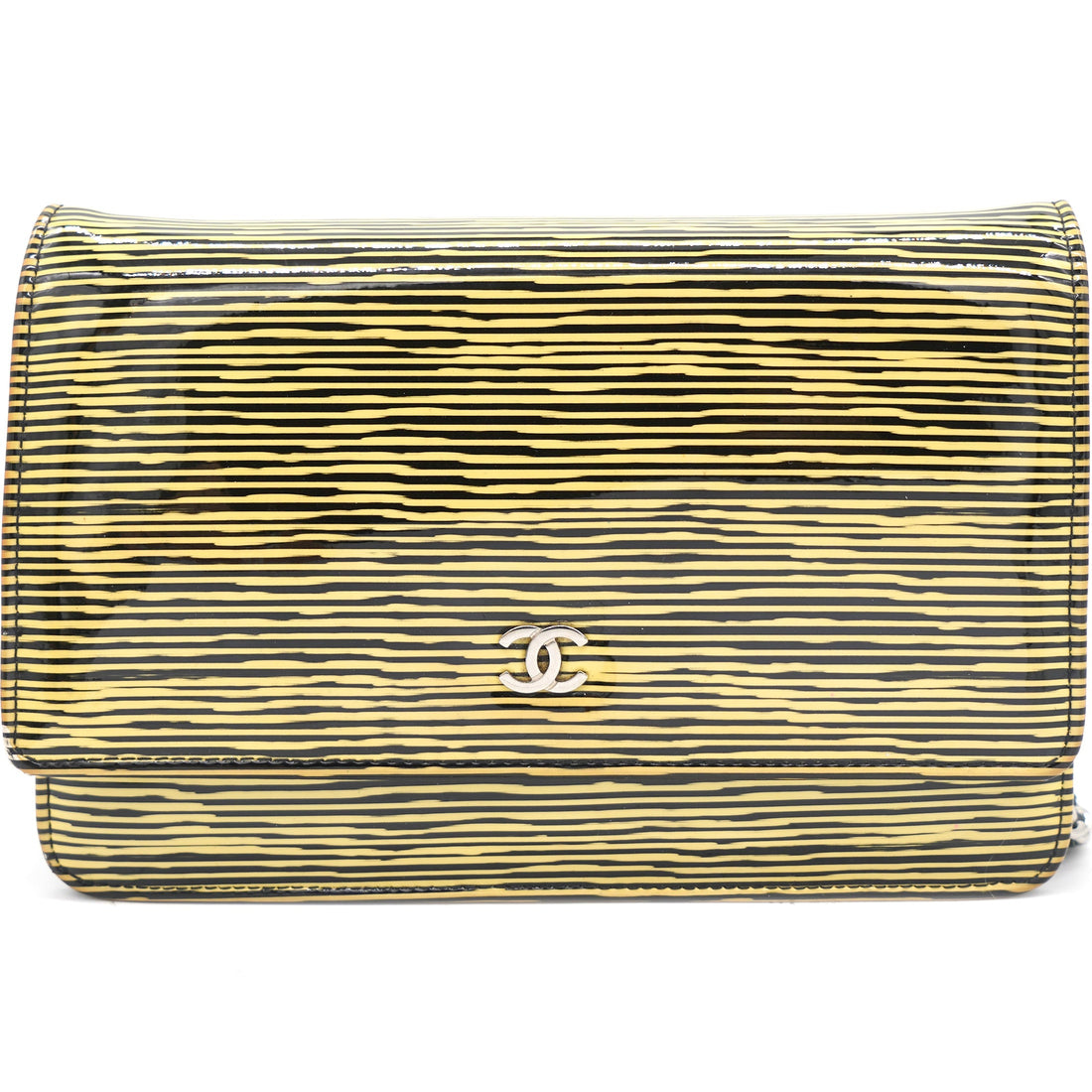 Chanel Yellow and Black Patent Calfskin Striped Wallet on Chain