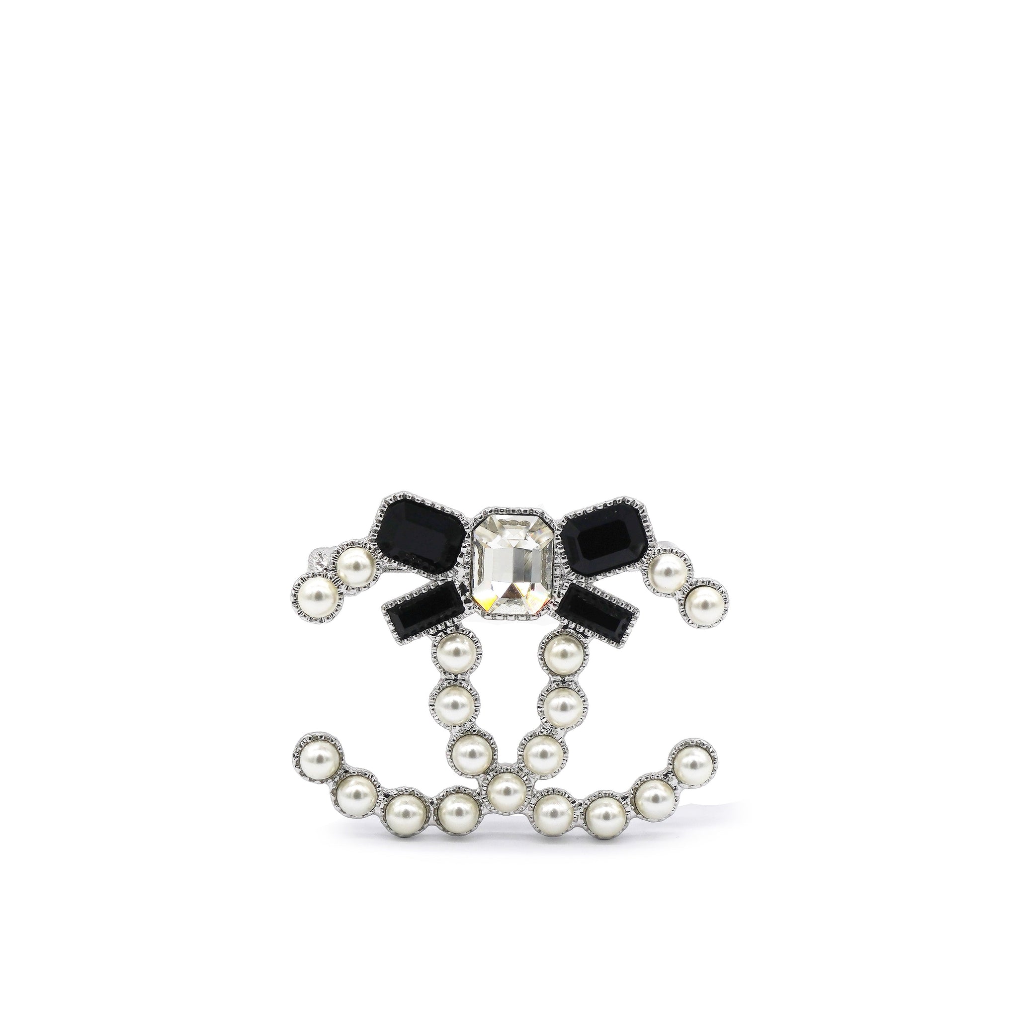Chanel Pearl Crystal Bow CC Brooch Silver White Black