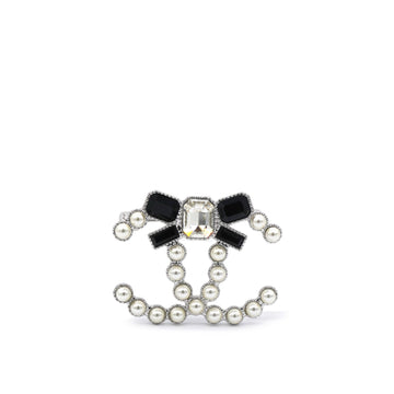 Chanel Pearl Crystal Bow CC Brooch Silver White Black