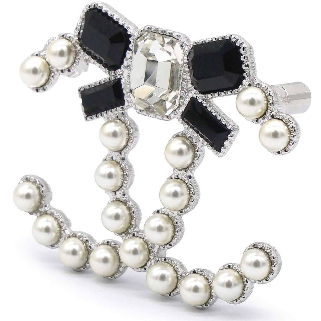 Chanel Pearl Crystal Bow CC Brooch Silver White Black