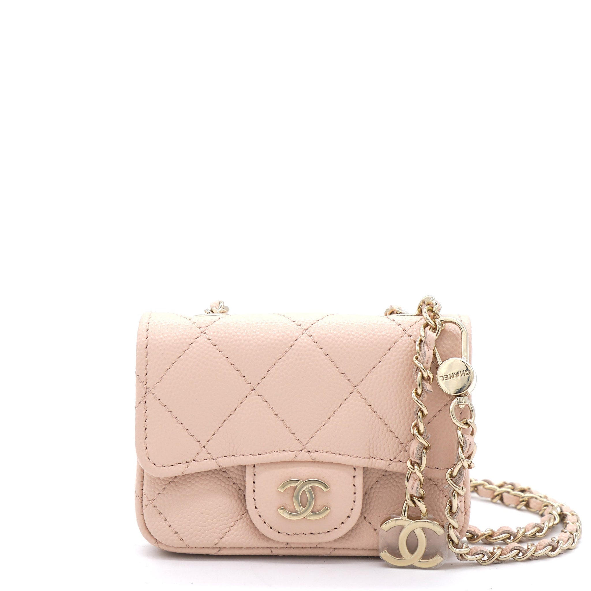 Chanel Pink Beige Quilted Caviar Leather Flap Card Holder with Belt Chain