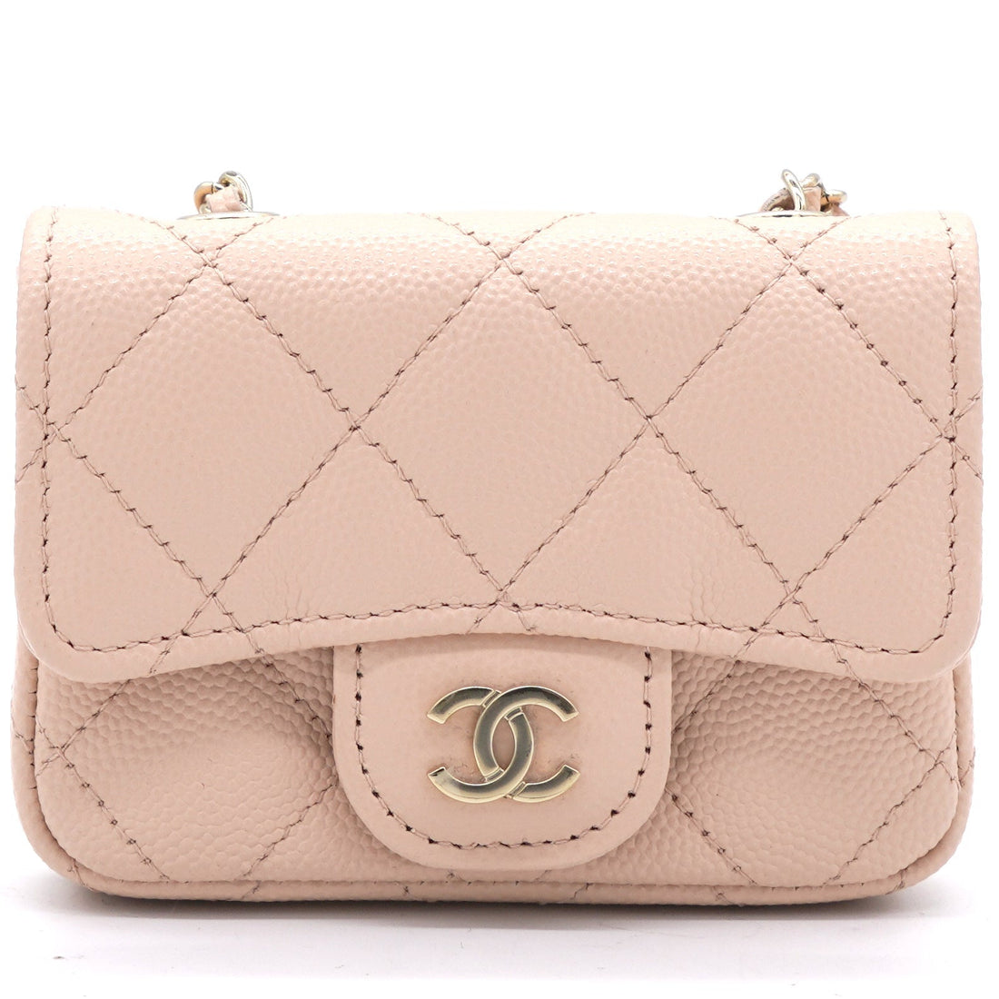 Chanel Pink Beige Quilted Caviar Leather Flap Card Holder with Belt Chain