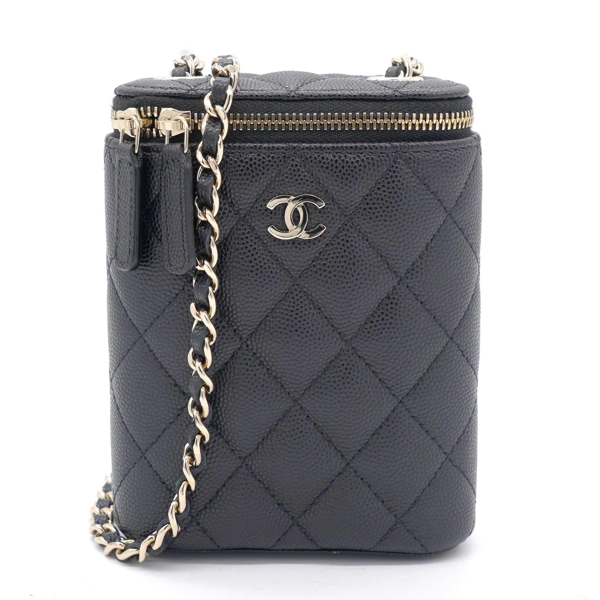 Chanel Caviar Quilted Nano Vertical Coco Beauty Vanity Case With Chain Black
