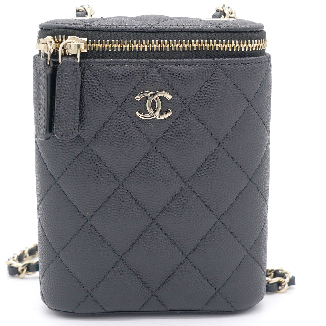 Chanel Caviar Quilted Nano Vertical Coco Beauty Vanity Case With Chain Black