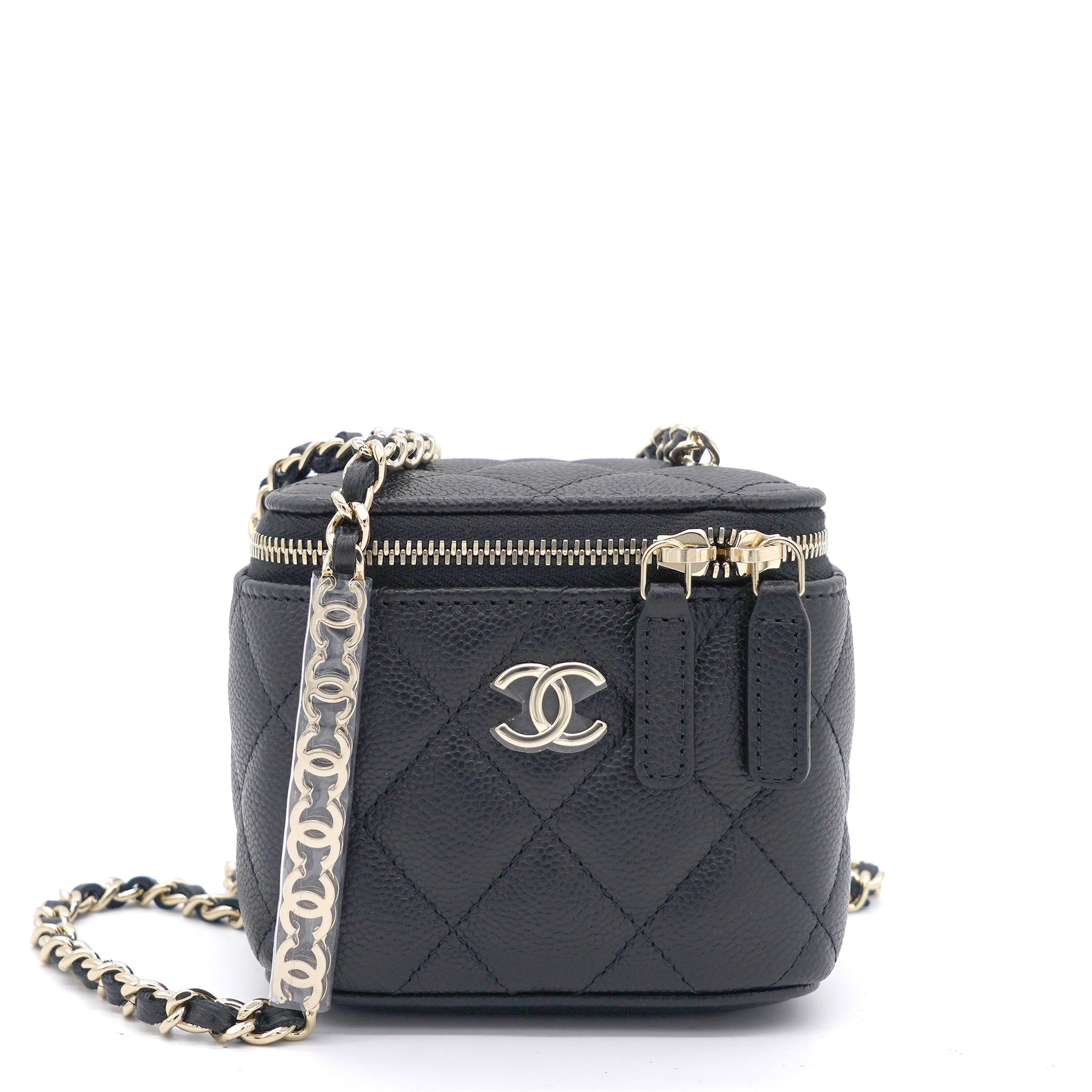 Chanel Caviar Quilted Small Vertical Coco Beauty Vanity Case With Chain Black