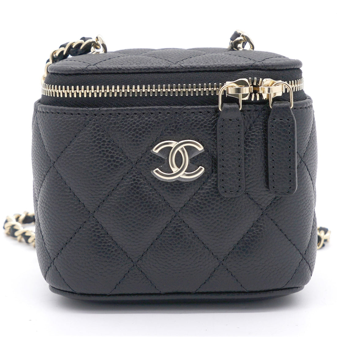 Chanel Caviar Quilted Small Vertical Coco Beauty Vanity Case With Chain Black