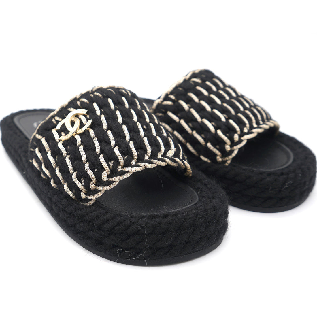 Chanel Braided Knit CC Mules Black Gold 36