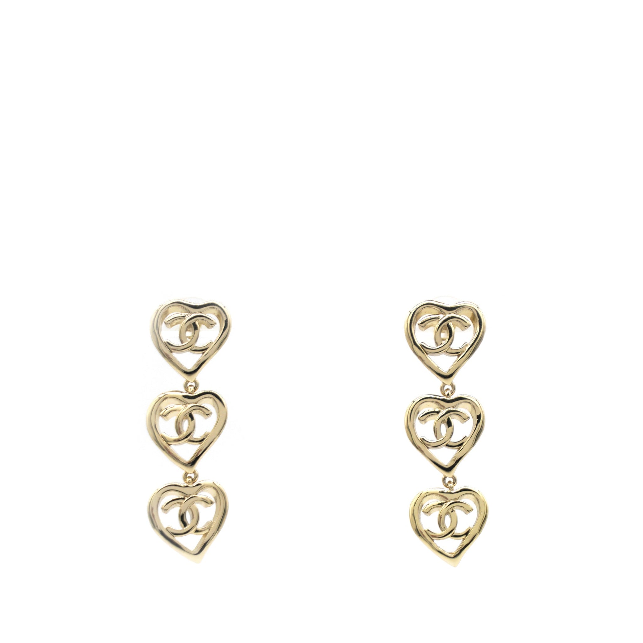 Chanel Metal CC Triple Heart Drop Earrings Gold