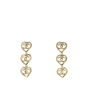 Chanel Metal CC Triple Heart Drop Earrings Gold