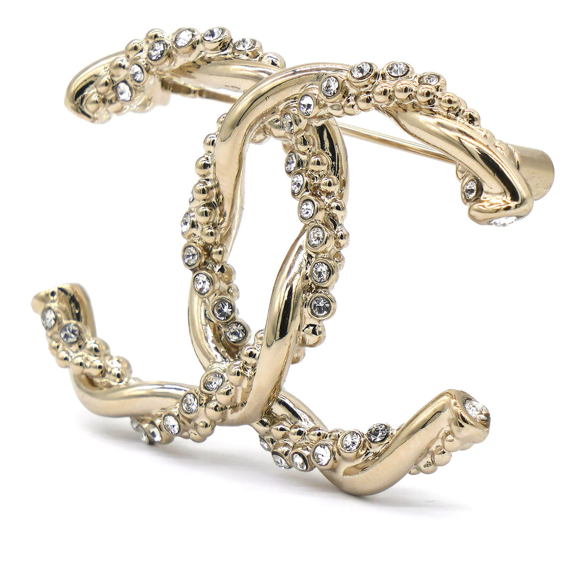 Chanel Metal Crystal Twisted CC Brooch Light Gold