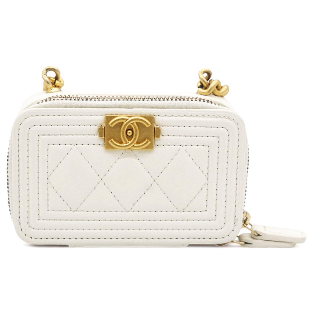 Chanel White caviar mini boy clutch on chain