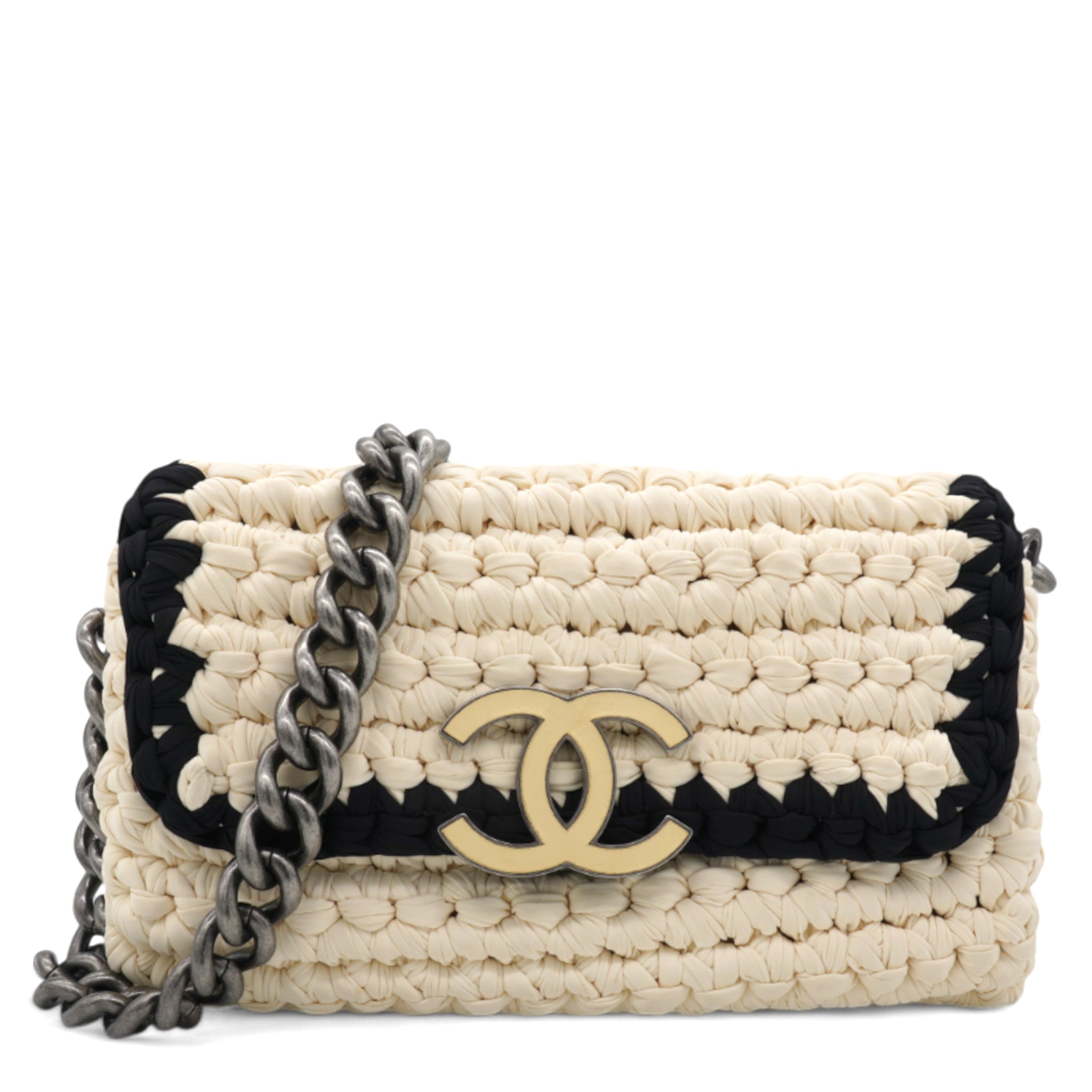 Chanel Woven Fabric Single Flap Ivory Black