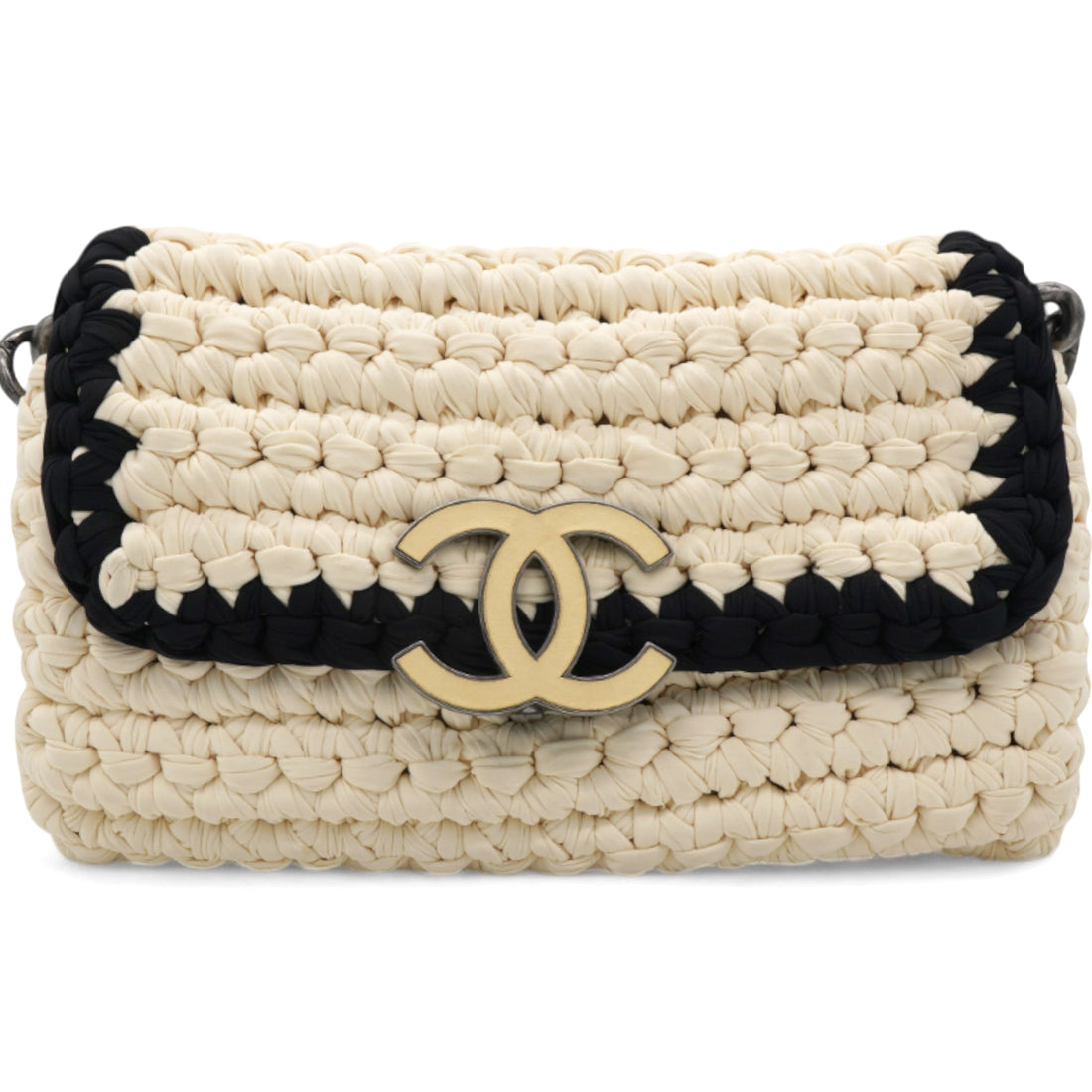 Chanel Woven Fabric Single Flap Ivory Black
