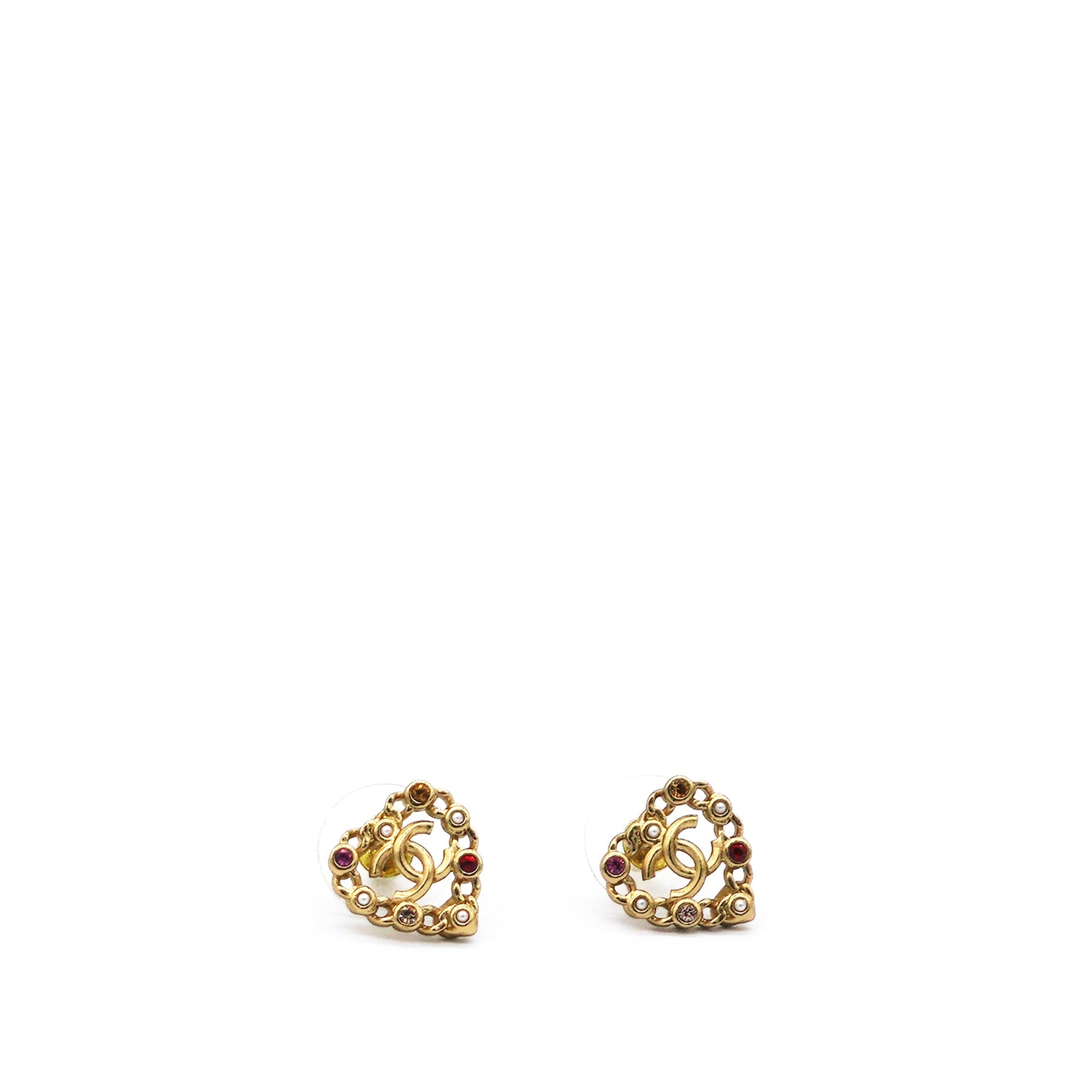 Chanel Pearl Crystal CC Heart Earrings Gold Multicolor