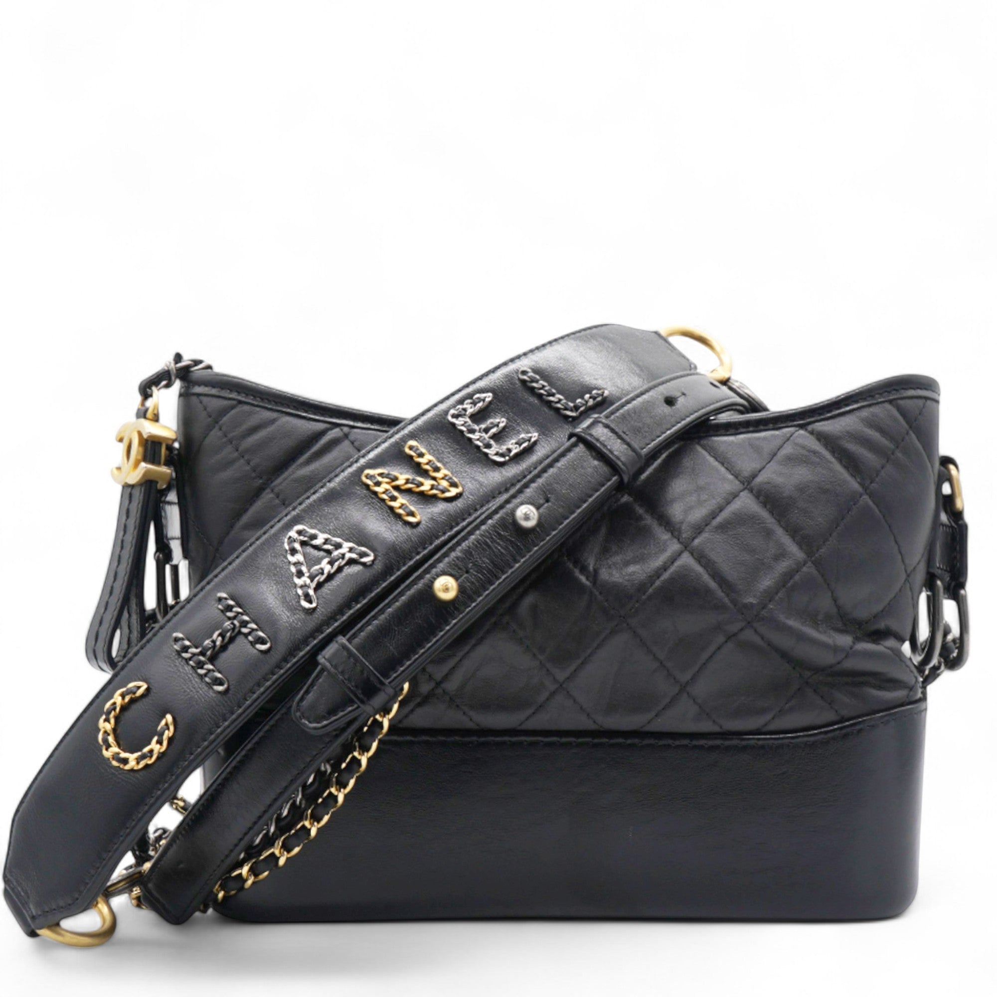 Chanel Quilted Aged Leather Gold/Silver Tone Medium Black