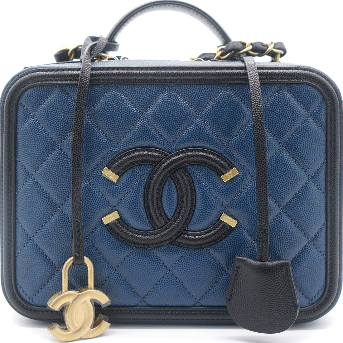 Chanel Navy/Black Quilted Caviar Leather Medium CC Filigree Vanity Case Bag