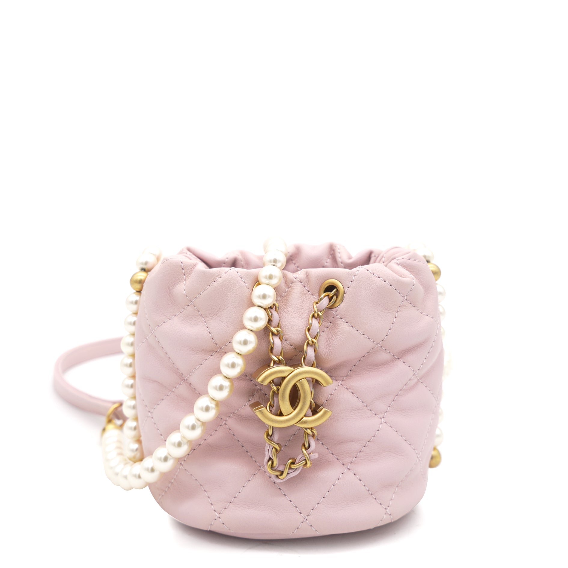 Chanel Calfskin Quilted Pearl Mini About Pearls Drawstring Bucket Light Pink