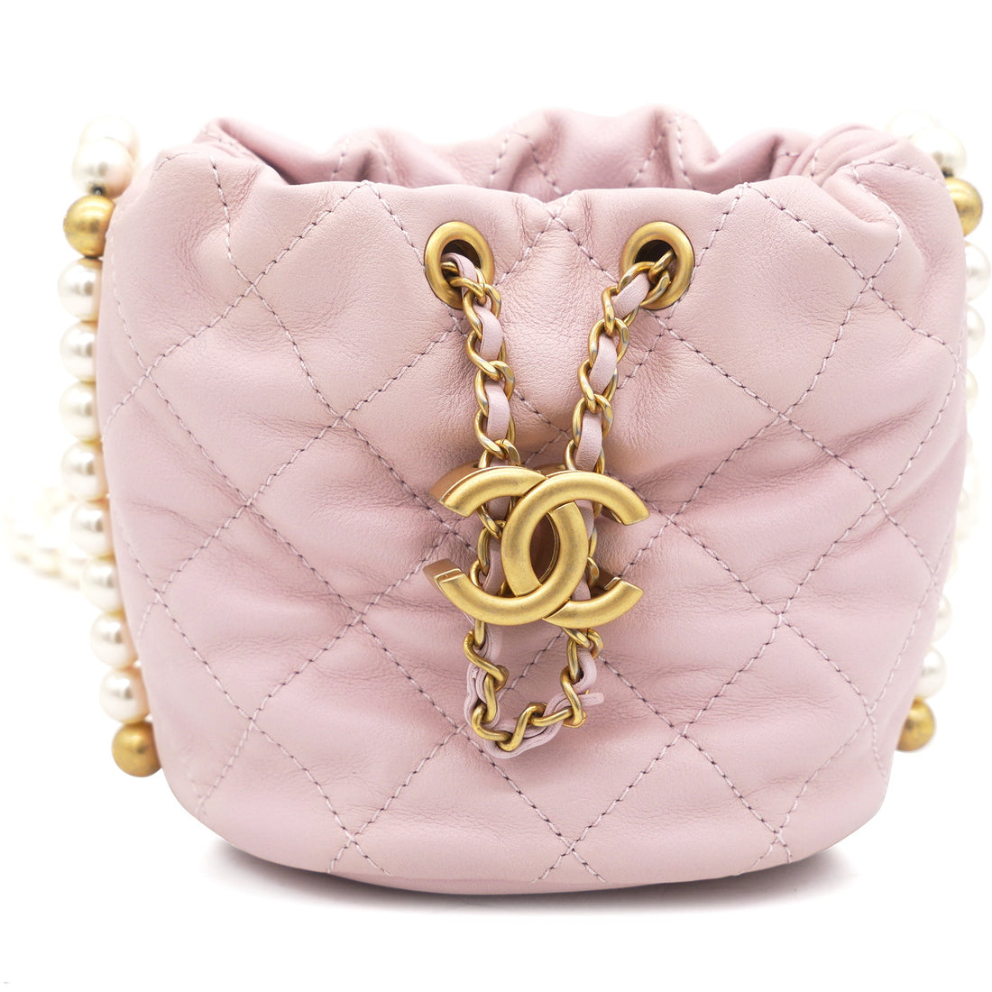 Chanel Calfskin Quilted Pearl Mini About Pearls Drawstring Bucket Light Pink