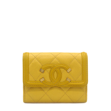 Chanel Caviar Quilted Filigree Flap Card Holder Yellow