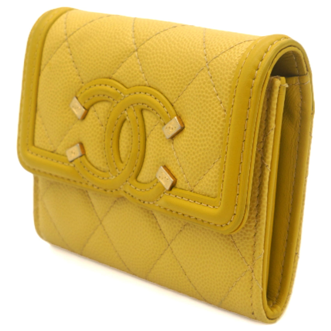 Chanel Caviar Quilted Filigree Flap Card Holder Yellow