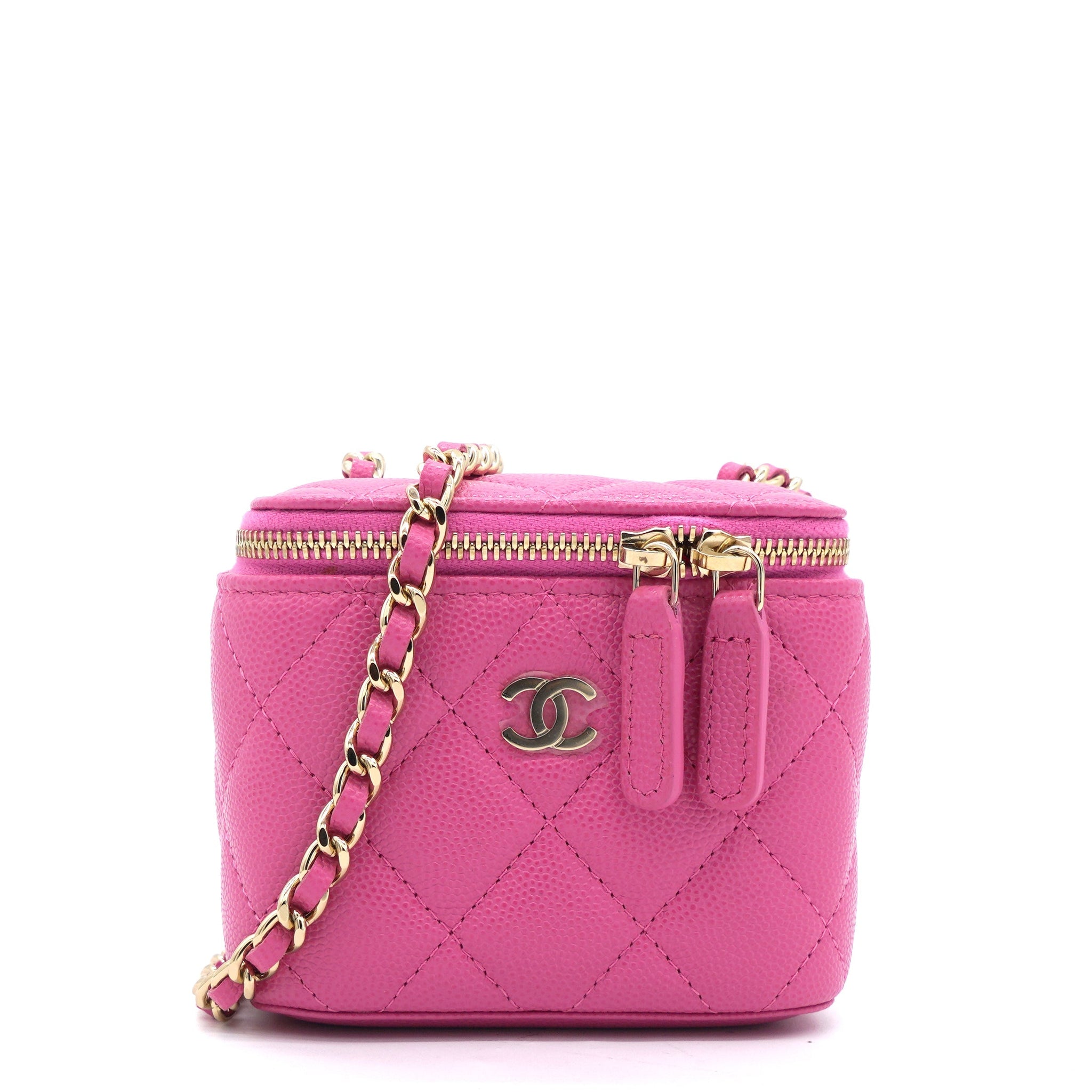 Chanel Caviar Quilted Small Vertical Coco Beauty Vanity Case With Chain Pink