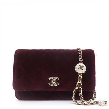 Chanel Velvet Quilted Pearl Crush Wallet On Chain WOC Burgundy