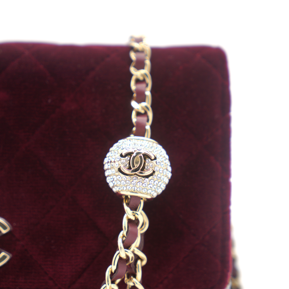 Chanel Velvet Quilted Pearl Crush Wallet On Chain WOC Burgundy