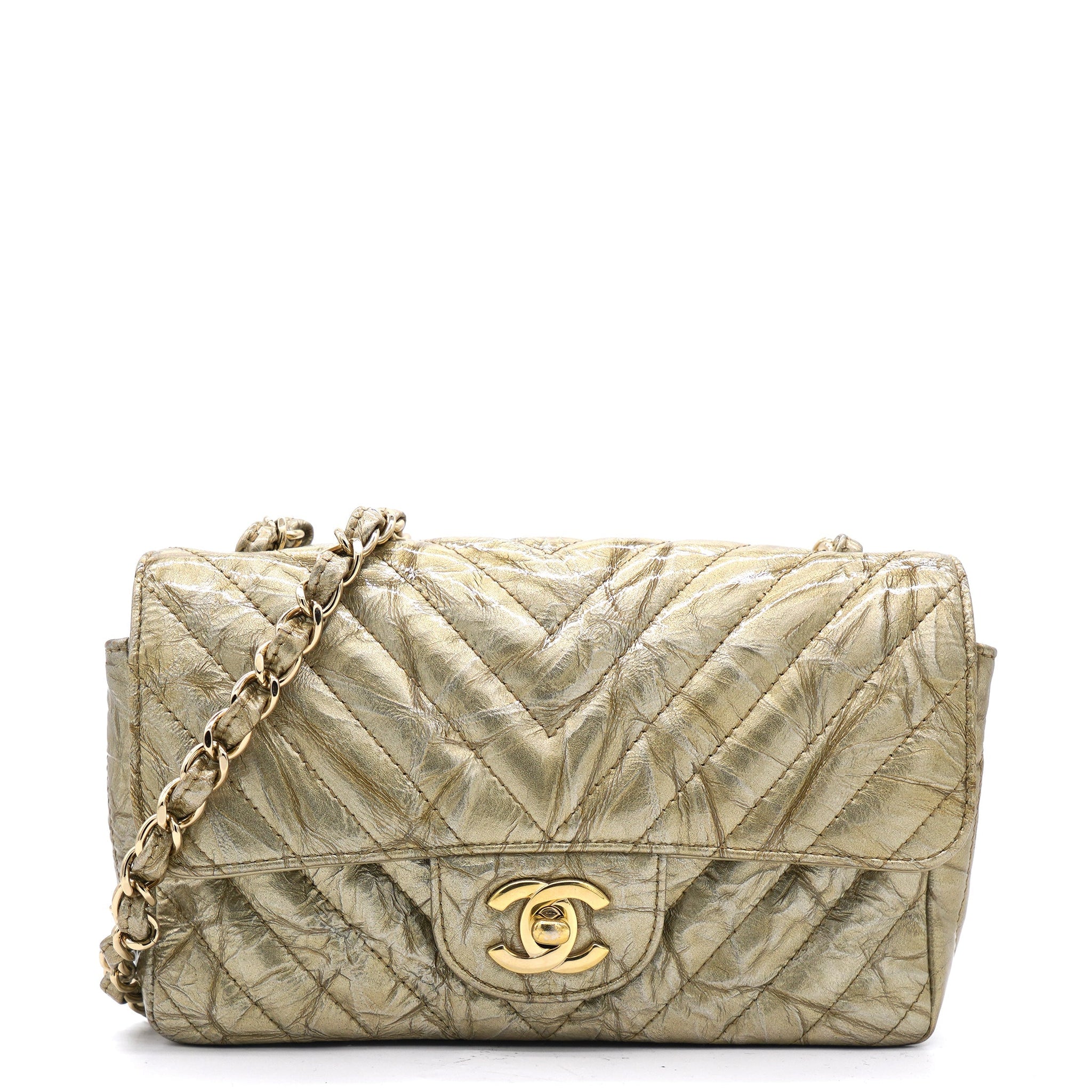 Chanel Patent Metallic Crumpled Calfskin Chevron Quilted Mini Rectangular Flap Gold