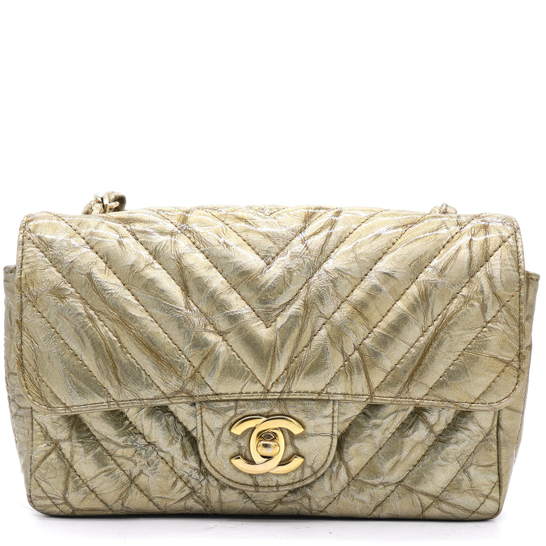 Chanel Patent Metallic Crumpled Calfskin Chevron Quilted Mini Rectangular Flap Gold