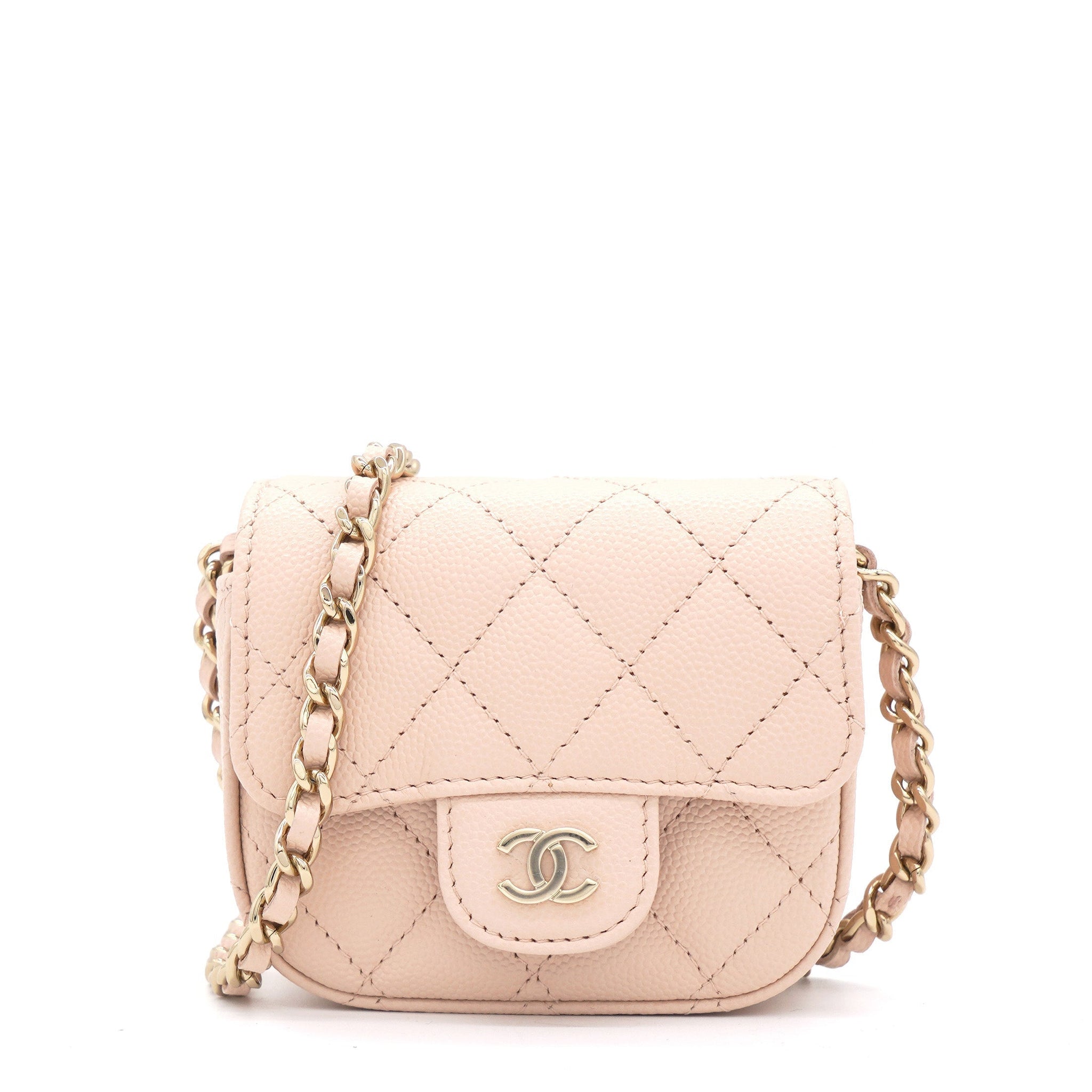 Chanel Pink Beige Quilted Caviar Leather Flap Card Holder with Chain