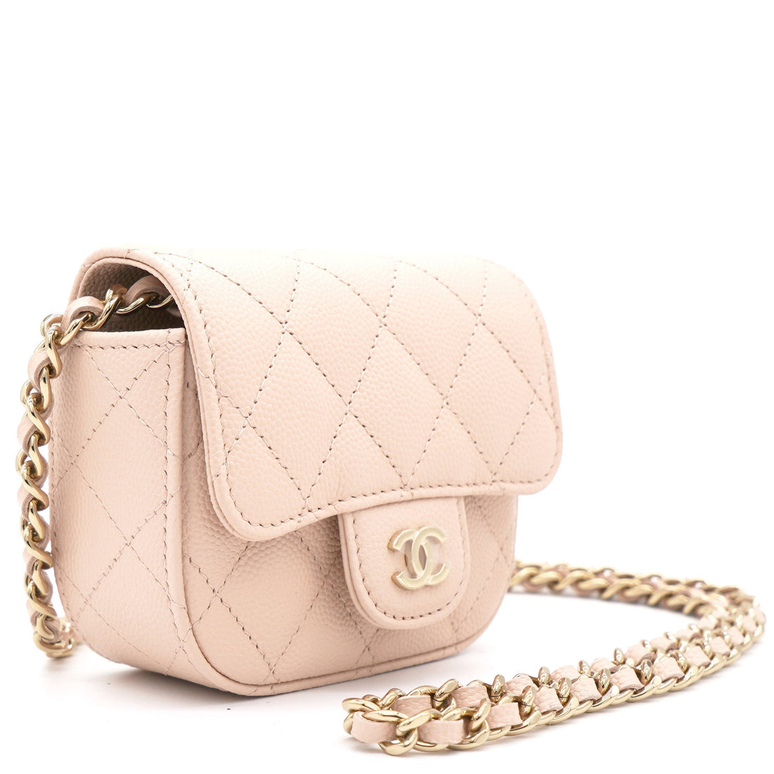 Chanel Pink Beige Quilted Caviar Leather Flap Card Holder with Chain