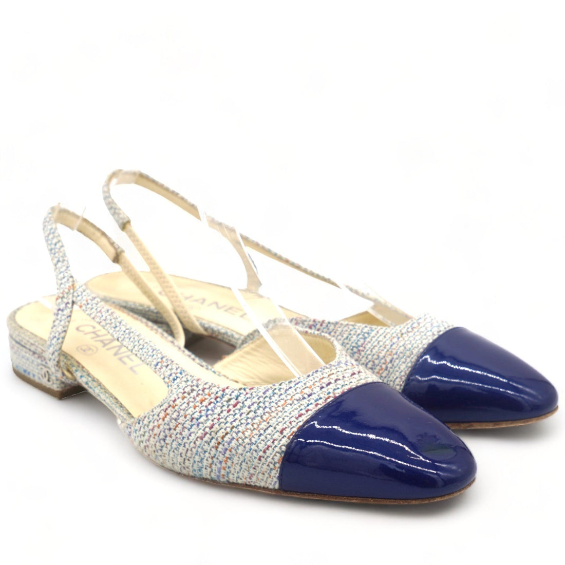 Chanel Tweed Cap Toe Singback Pumps Blue 38