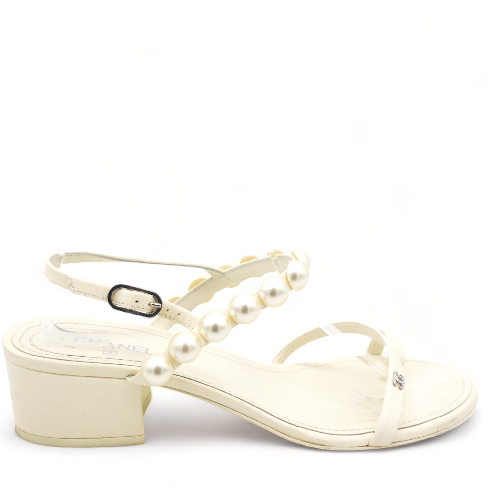 Chanel Calfskin Pearls Sling-back Sandals Cream 38.5