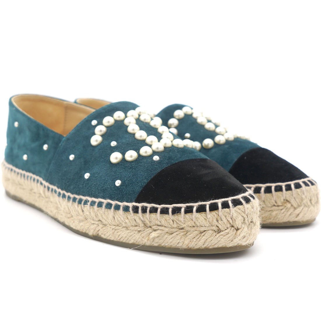Chanel Suede Pearl CC Espadrilles 37 Teal
