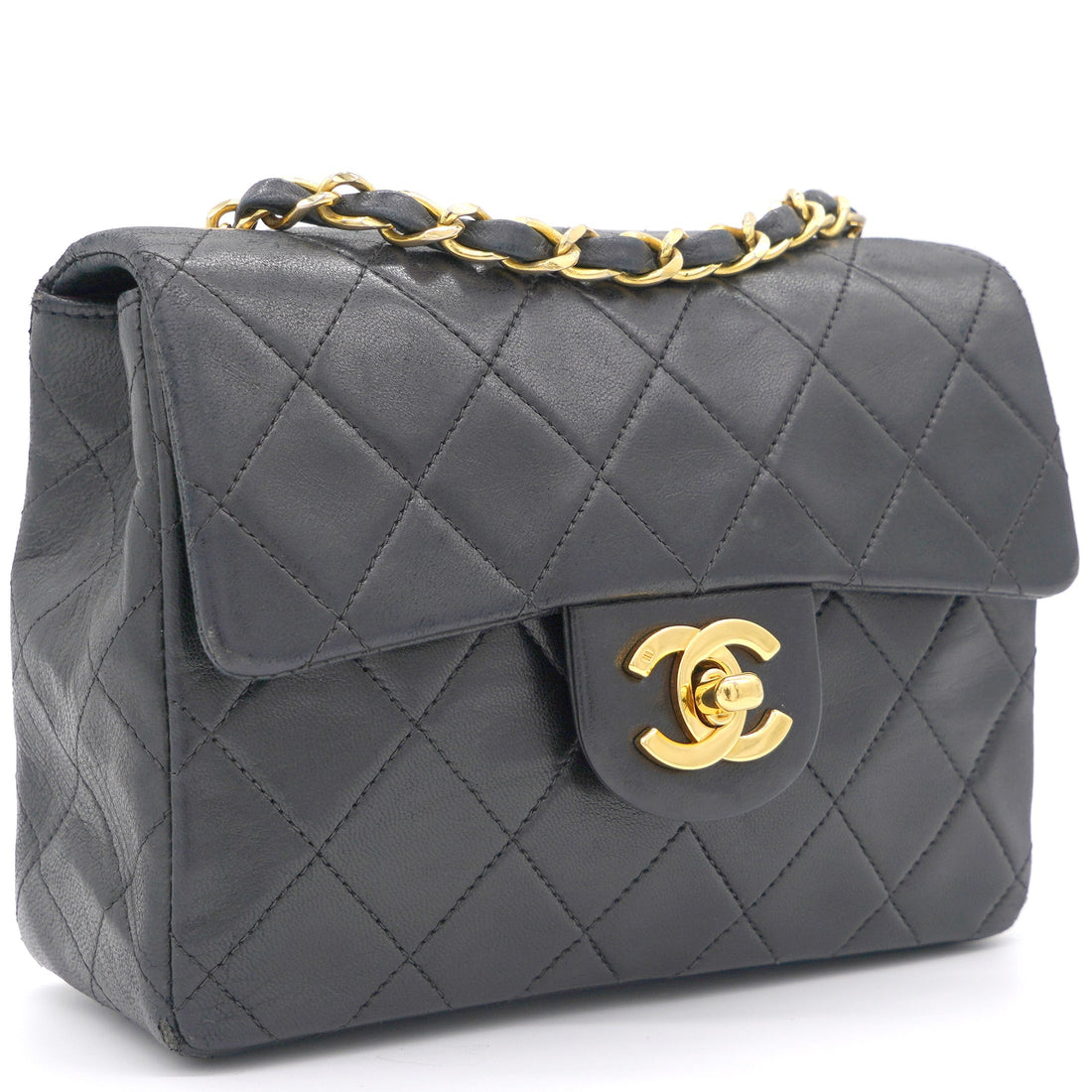 Chanel Vintage Black Quilted Leather Mini Square Classic Flap Bag