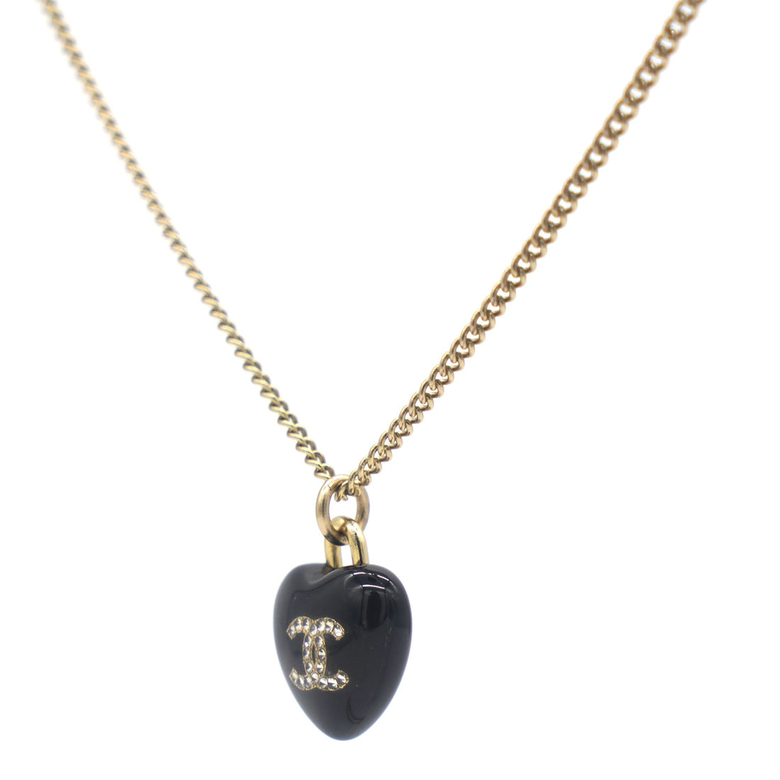 Chanel Resin Crystal CC Heart Necklace Black Gold