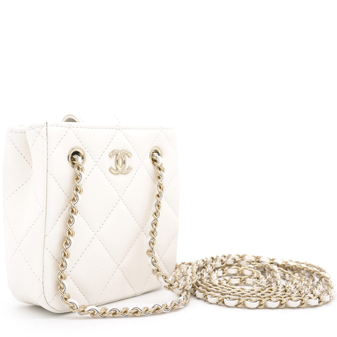 Chanel Lambskin Quilted Clutch with Double Chain White