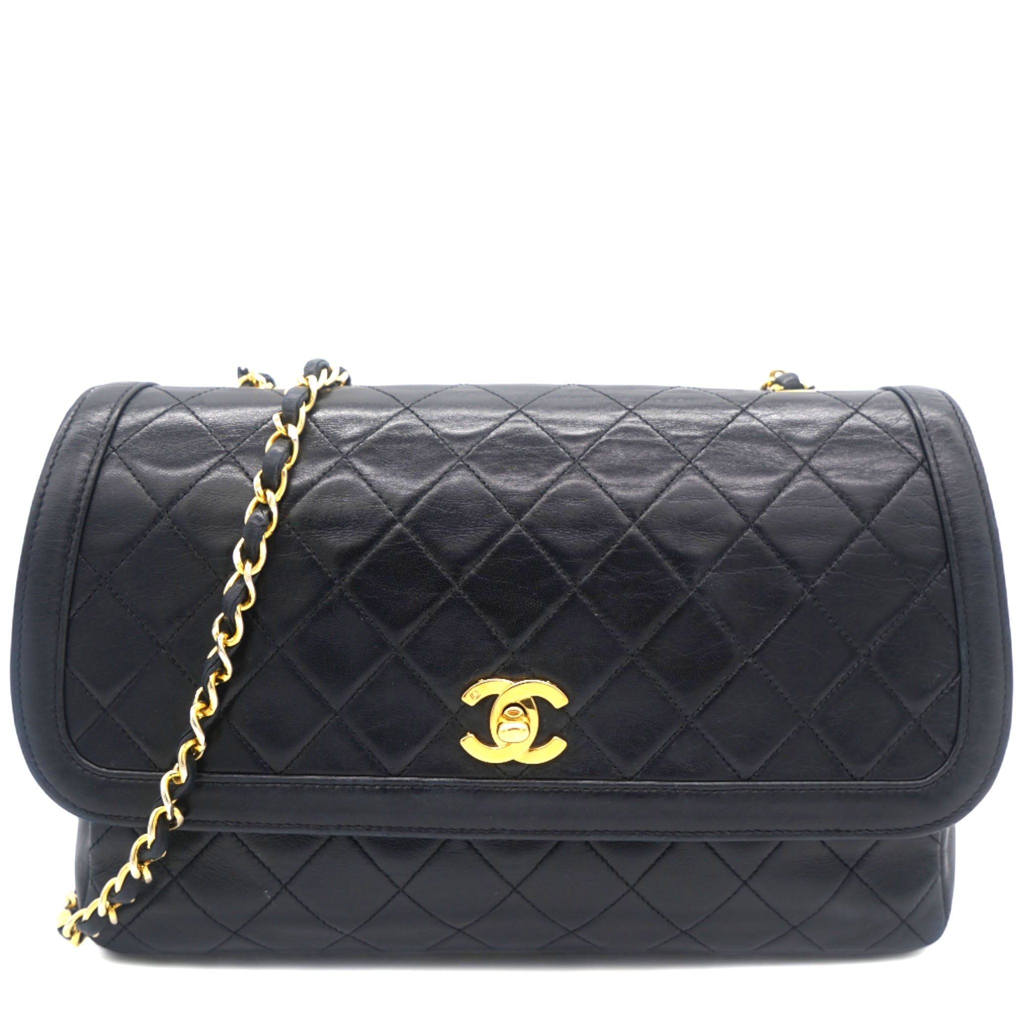 Chanel Vintage Lambskin Quilted Medium Single Flap Shoulder Bag Black