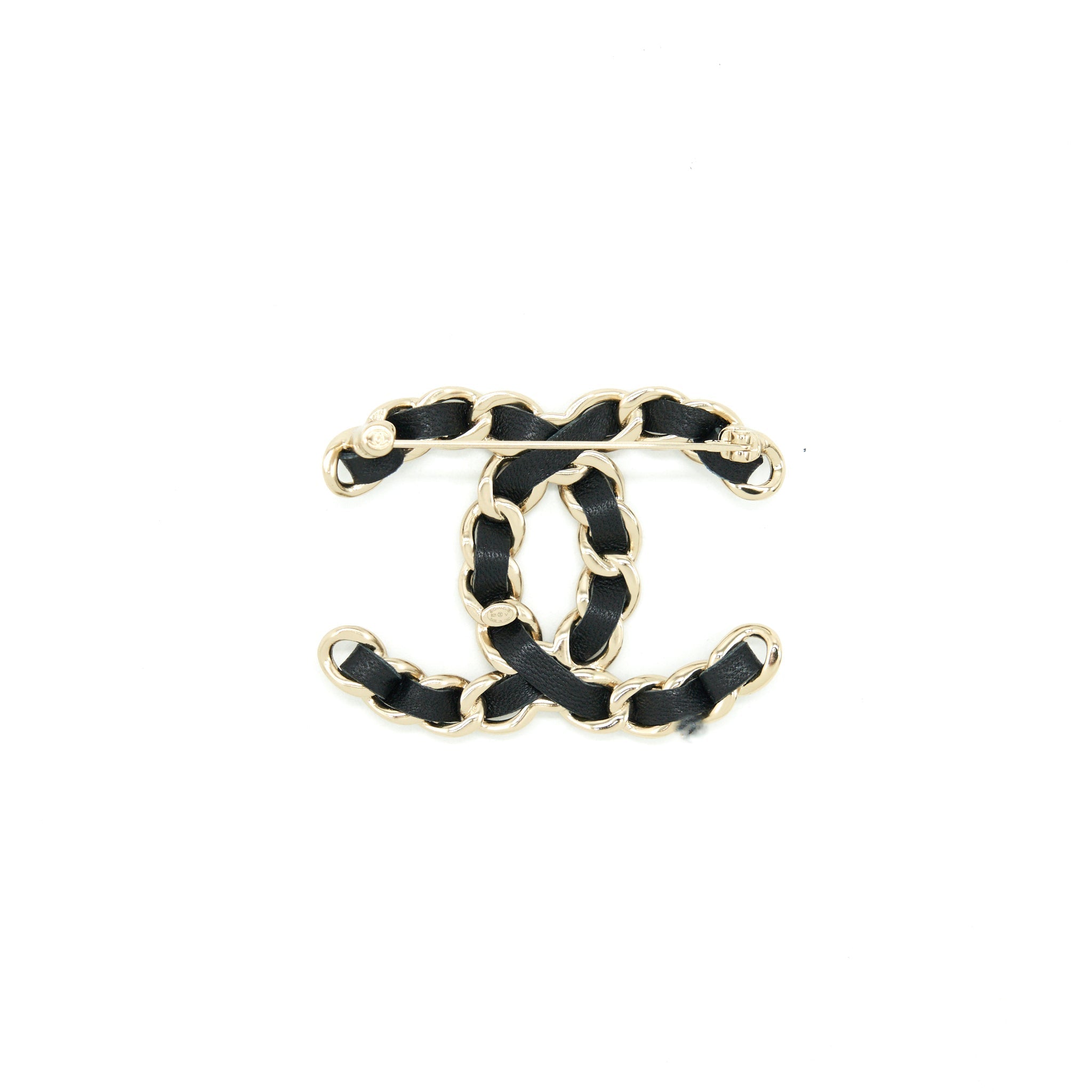 Chanel CC Logo Leather chain Brooch Black LGHW