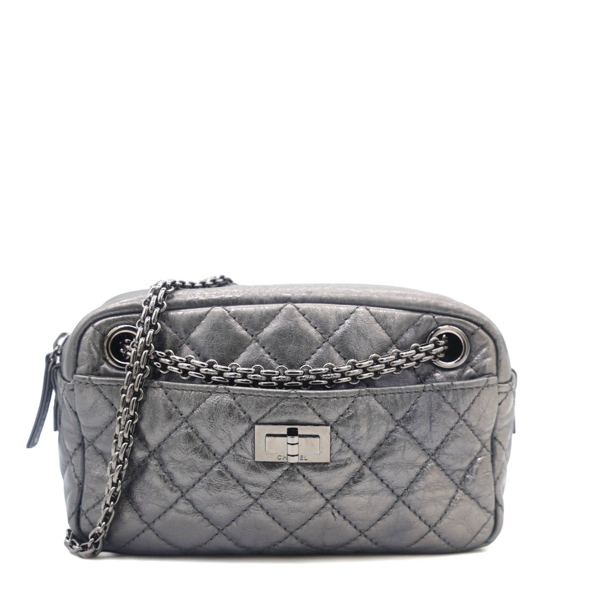 Chanel Metallic Aged Calfskin Quilted Small Reissue Camera Case Dark Silver