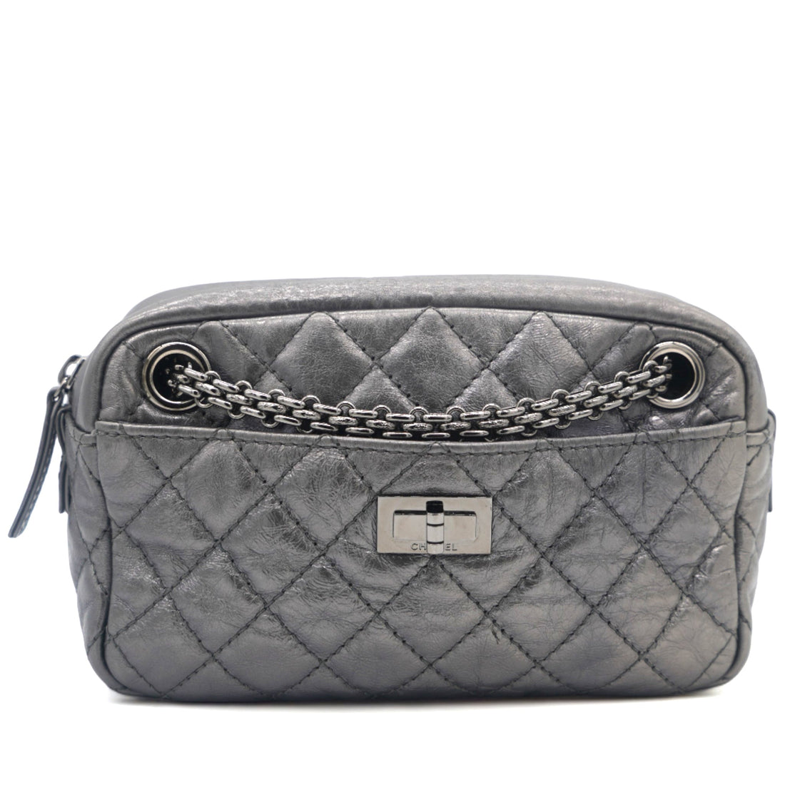 Chanel Metallic Aged Calfskin Quilted Small Reissue Camera Case Dark Silver