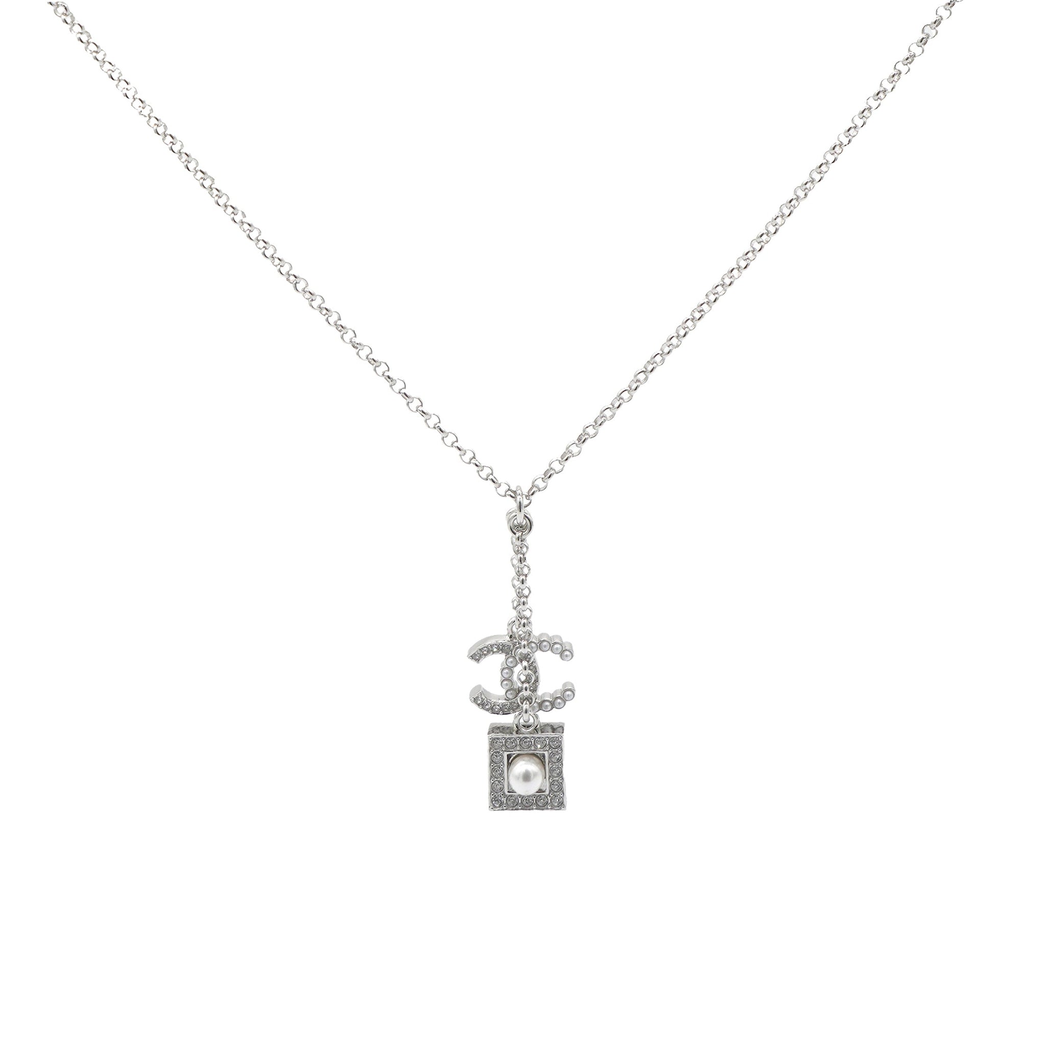 Chanel Pearl Rhinestone CC Logo Square Pendant Silver Pendant Necklace