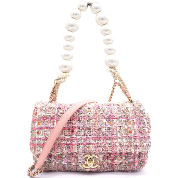 Chanel 2019 Pink Tweed Fabric & Pearls Classic Single Flap Bag