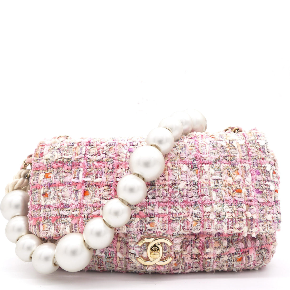 Chanel 2019 Pink Tweed Fabric & Pearls Classic Single Flap Bag