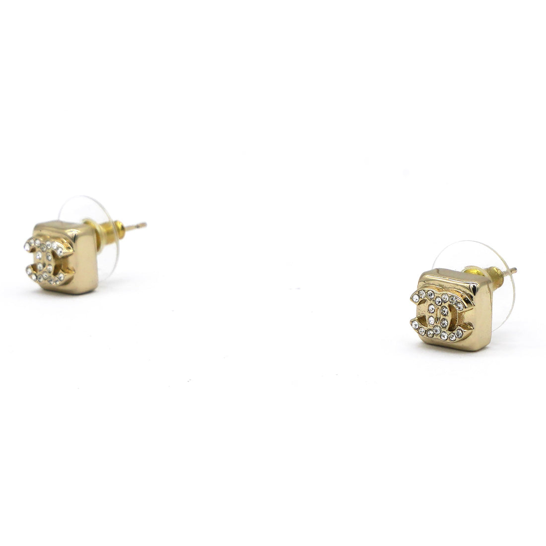 Chanel Square Rhinestone Gold CC Logo Earrings