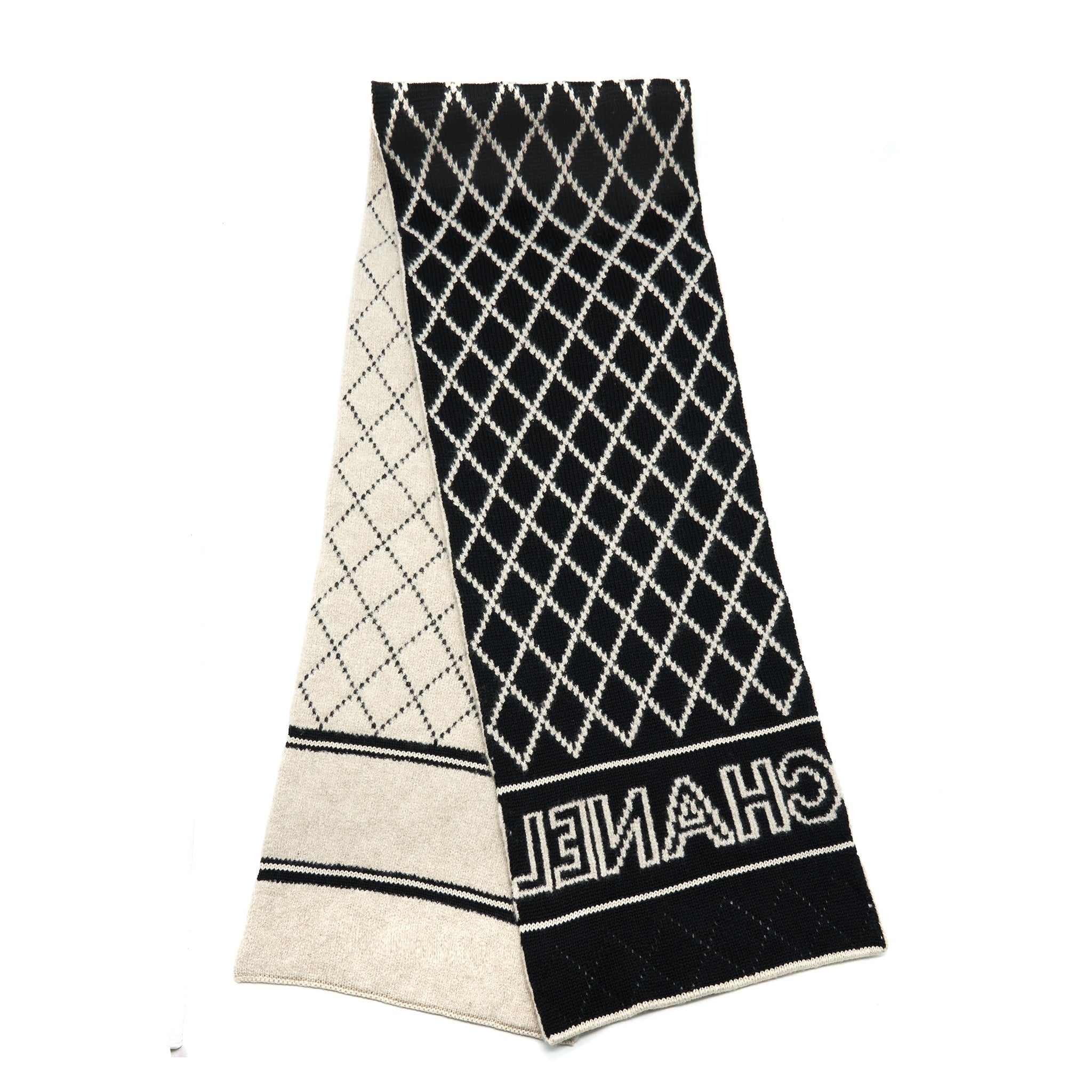 Chanel Cashmere/ Wool/ Silk printed Scarf in Black/ Light Grey